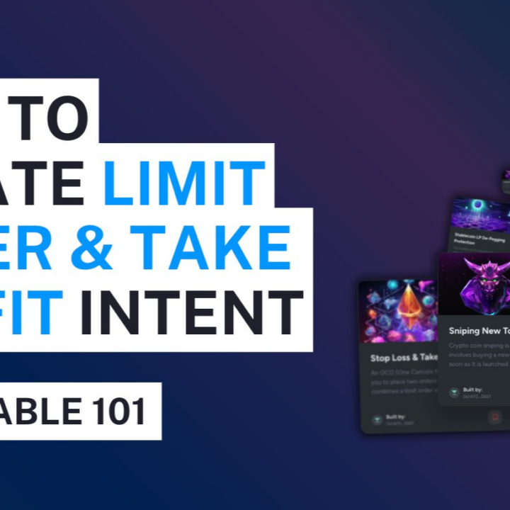 A graphical user interface for setting up a Limit Order with a Take Profit intent on a blockchain trading platform, showing fields for price limit, amount, and take profit target."